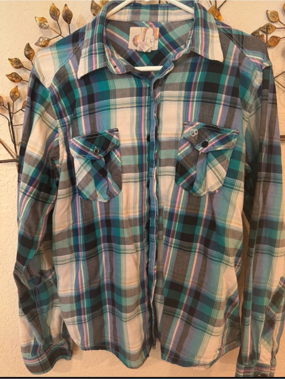Vintage OP Casual Teal Plaid Button-Up Shirt - Unbranded